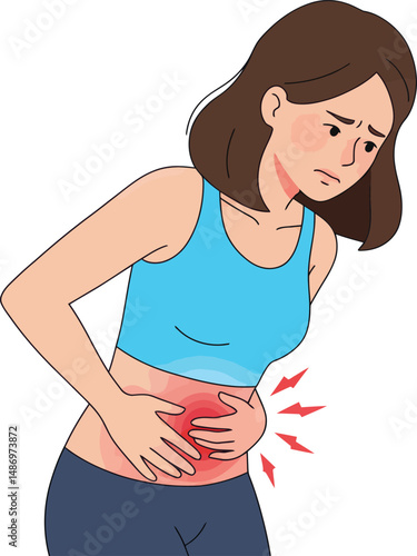 Acid Reflux and Heartburn Concept – Young Woman with Stomach Pain, Digestive System Problem, Flat Vector Illustration