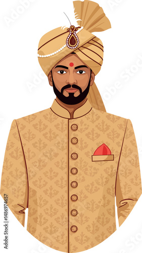 Indian groom traditional wedding attire turban sherwani detailed vector illustration 