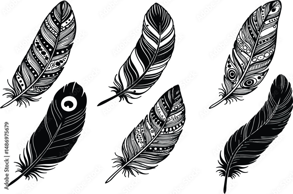 Decorative feather icons set. Hand-drawn feathers. Bird feather poster, banner designing for media and web. Trust, Honor, strength, wisdom, power, and freedom symbols. Vector, EPS 10 Decorative feather icons set. Hand-drawn feathers. Bird feather poster, banner designing for media and web. Trust, Honor, strength, wisdom, power, and freedom symbols. Vector, EPS 10