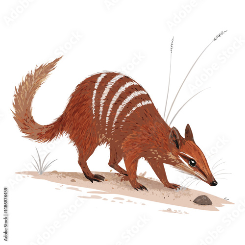 Create a realistic vector illustration of a numbat meticulously sniffing the ground, its tongue slightly extended, showcasing detailed fur texture and natural surroundings.
