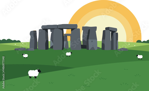 Stonehenge prehistoric monument with sheep on green grass under yellow sunset vector illustration 