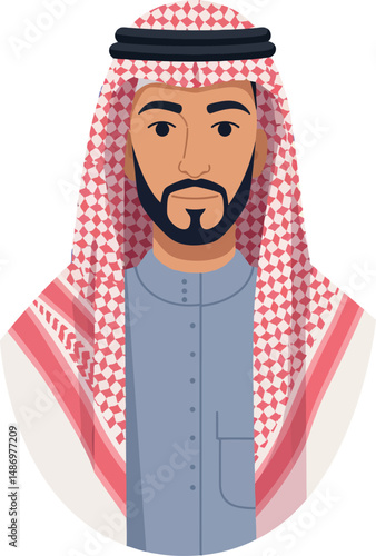 Middle Eastern man wearing traditional red and white keffiyeh and grey thobe vector illustration 