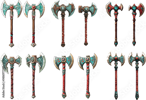 Collection of various fantasy style battle axes isolated on a white background