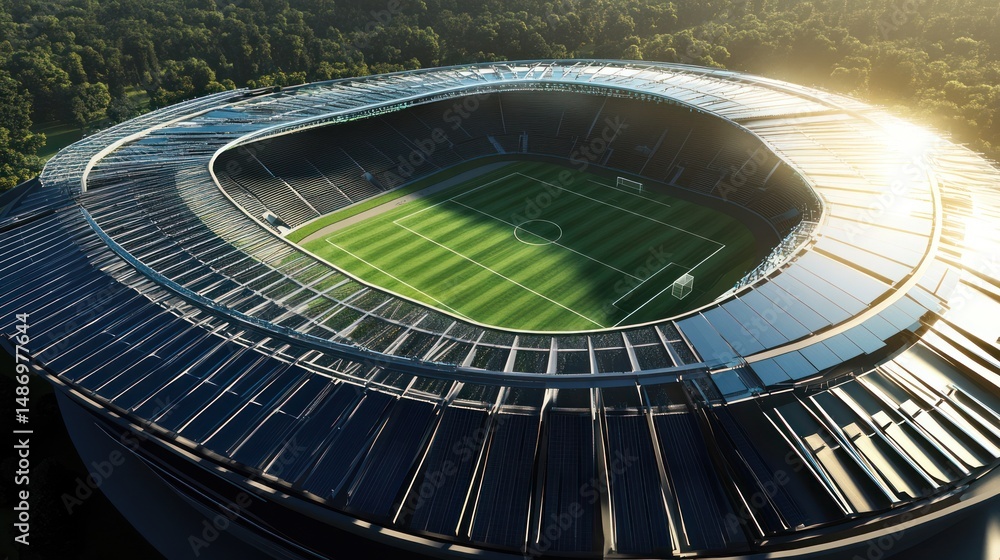 Fototapeta premium Spectacular aerial view of modern football stadium amidst lush greenery