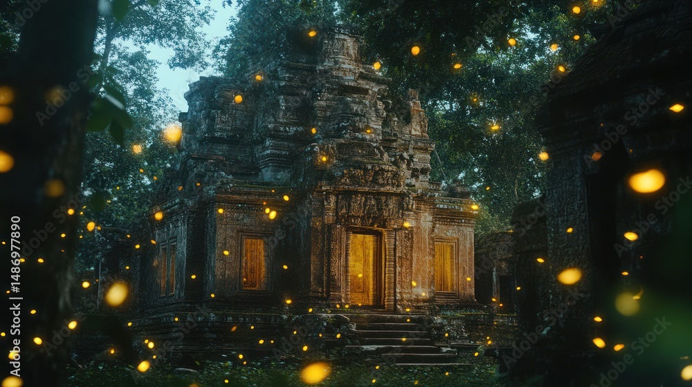Obraz premium Mystical temple illuminated by ethereal fireflies, set in a dense jungle