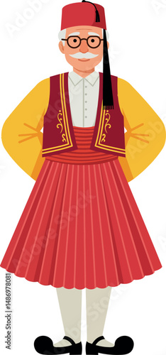 Traditional Greek man wearing red fustanella costume with yellow jacket and red fez hat vector illustration 