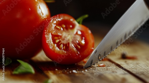 Crimson Slices: A Culinary Close-Up of Tomatoes Being Sliced