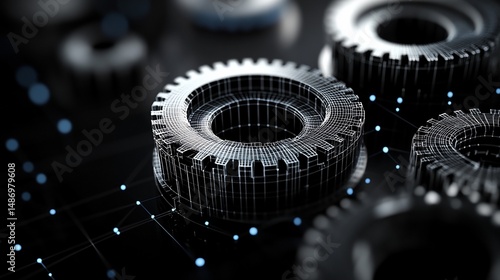 Abstract Wireframe Gears Interconnected Network