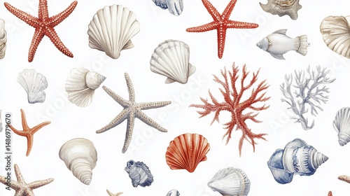 Sea Life Watercolor Seamless Pattern: Starfish, Shells, Coral