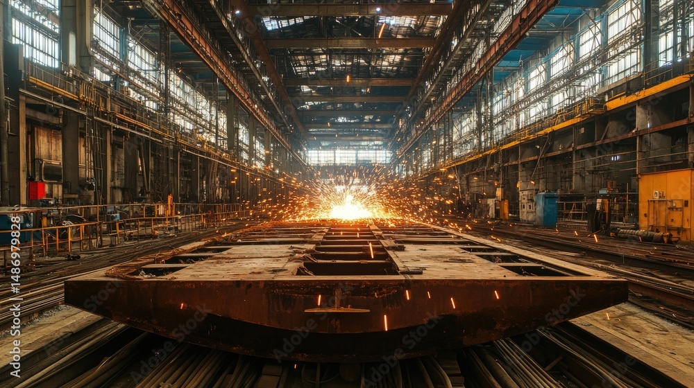 Obraz premium Welding bay in construction factory with sparks and protective barriers around stations
