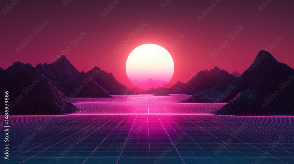 Fototapeta premium Retro Futuristic Sunset Mountains