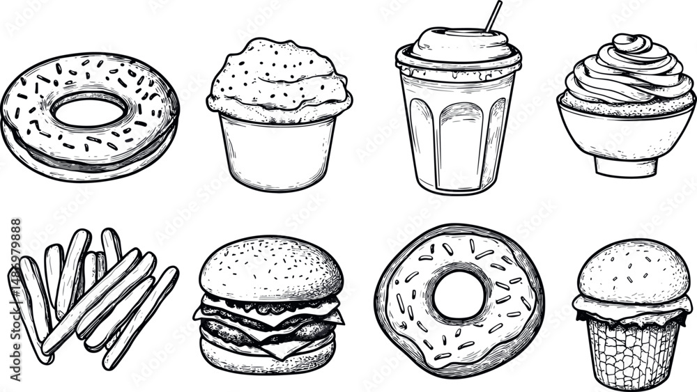 Hand drawn sketch of various fast food items isolated on a white background Hand drawn sketch of various fast food items isolated on a white background