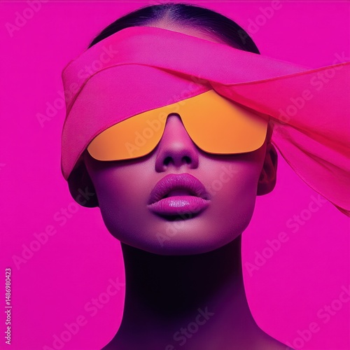 Woman with bright sunglasses, pink scarf, vibrant magenta background
