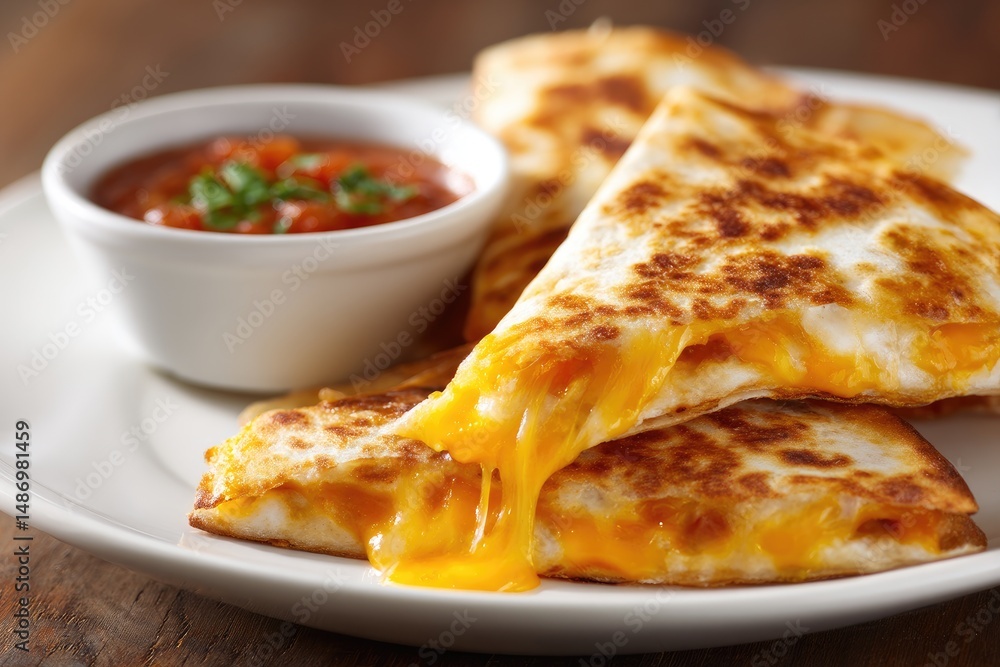Three melted cheese quesadillas served with salsa. Three melted cheese quesadillas served with salsa.