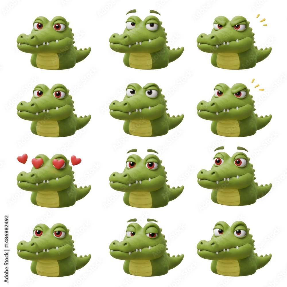 Fototapeta premium Cartoon crocodile faces collection displaying various emotions and expressions