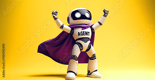 AI Agent Humanoid Robot in Superhero Cape Symbolizing Autonomous Future Tech and AGI Automation - Futuristic AI Robot with Hero Cape Representing Agentic Autonomy and Automated Workforce Innovation