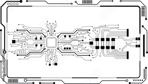 Abstract black circuit board technology connected lines electronics elements computer motherboard chip processor semiconductor digital on white background vector illustration.