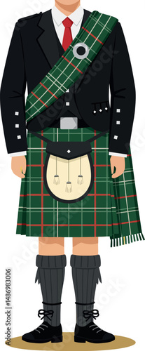 Scottish man wearing traditional kilt outfit with tartan sash and sporran vector illustration 