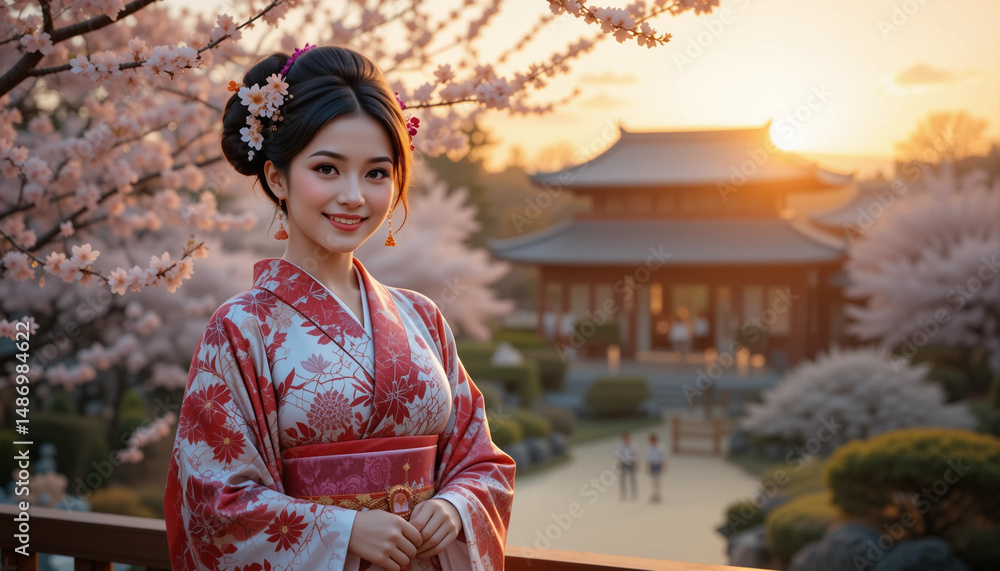 Embracing Serenity: A beautiful lady wearing a traditional kimono smiles serenely amidst the backdrop of a traditional temple garden. Embracing Serenity: A beautiful lady wearing a traditional kimono smiles serenely amidst the backdrop of a traditional temple garden.