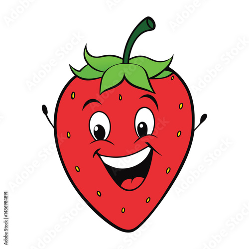 A cheerful strawberry cartoon with bright eyes and a big smile, laughing joyfully with tiny seeds dotted on its red skin, spreading happiness and fun vibes everywhere!