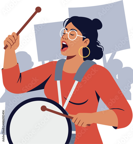 Woman protesting with drum and signs holding stick in activism rally vector illustration 