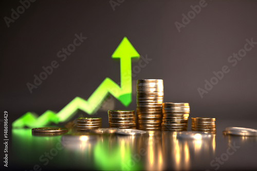 Elevated finance trajectory showing profitability through upward trending arrow and coin stacks