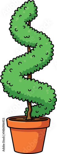 Spiral shaped green topiary plant in terracotta pot vector illustration 