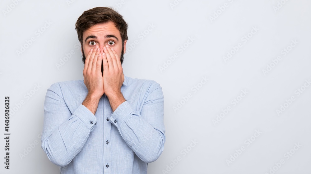 Man in blue shirt covers mouth with hands against white background. Man in blue shirt covers mouth with hands against white background.