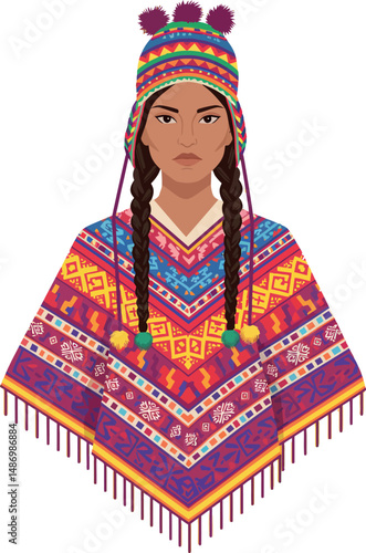 Indigenous woman wearing colorful traditional Andean poncho and hat vector illustration 