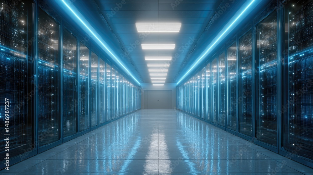 Ultra realistic image of a futuristic data center interior with rows of glowing servers and blue ambient lights, photorealistic, wide angle perspective Ultra realistic image of a futuristic data center interior with rows of glowing servers and blue ambient lights, photorealistic, wide angle perspective