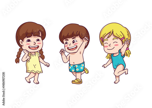 Cute children posing happily during summer vacation in bright colorful vector illustration style