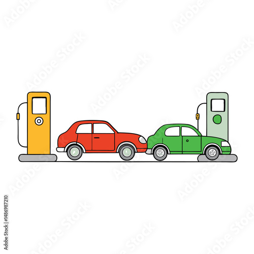 Electric cars recharge their batteries at charging stations, promoting eco-friendly travel with zero emissions and reducing reliance on fossil fuels.
