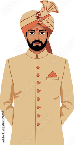 Indian groom in traditional sherwani and turban standing in neutral pose vector illustration 