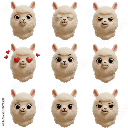 Collection of cute llama faces with different expressions