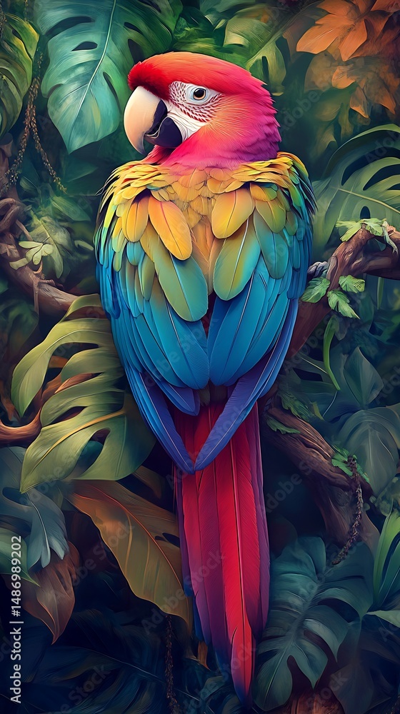 Obraz premium Colorful macaw perched in lush tropical foliage