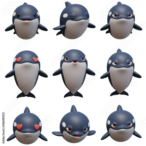 Collection of stylized cartoon orcas displaying diverse expressions