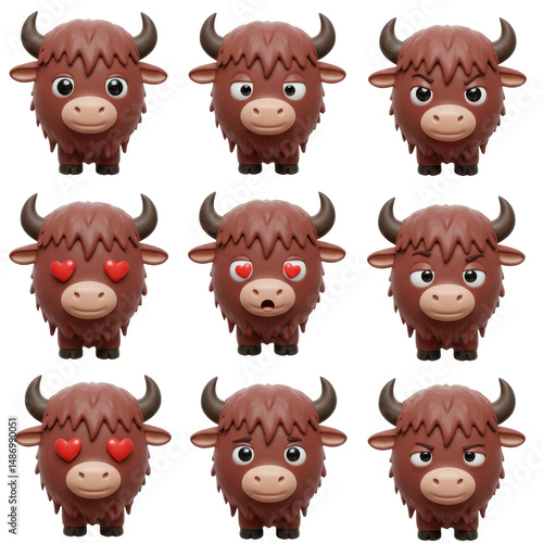 Collection of stylized yak faces with various expressions