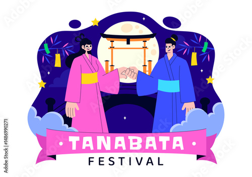 Tanabata Japan Festival Vector Illustration Featuring People Wearing Kimono and Peony Flowers in a National Holiday Flat Style Cartoon Background