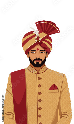 Indian Groom Wearing Traditional Wedding Sherwani and Turban Vector Illustration 