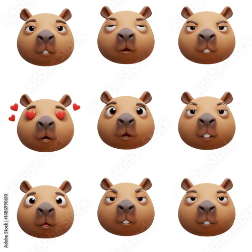 Digital capybara faces set with diverse expressions and emotions