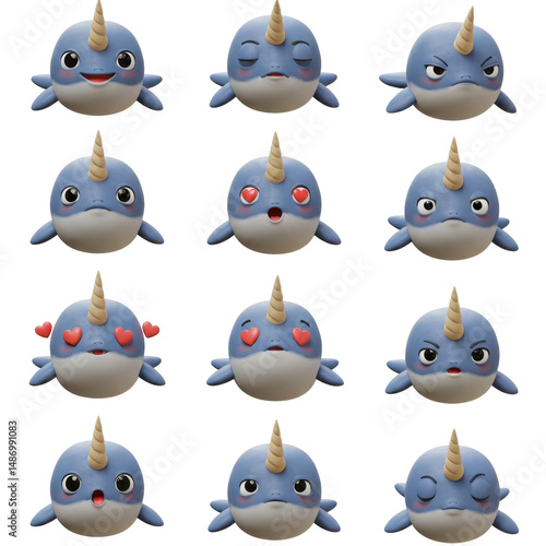 Diverse narwhal faces collection illustration set for children and educational content