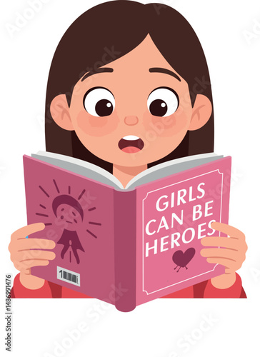 Girl reading Girls Can Be Heroes book with surprised expression vector illustration 