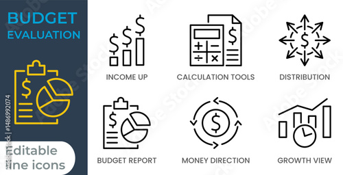 Budget Evaluation Editable Line Icons Set. Includes revenue growth, calculation tools, financial distribution, budget report, financial direction, and growth analysis icons. Ideal for infographics.