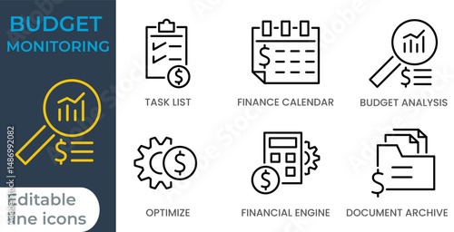 Budget Monitoring Editable Line Icons Set. icons of task list, financial calendar, budget analysis, optimization, financial engine and document archive. Suitable for financial planning