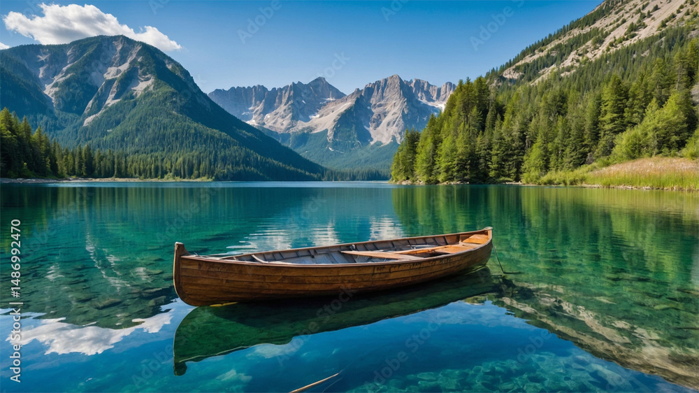 Scenic Mountain Lake With Wooden Boats at a Peaceful Dock Scenic Mountain Lake With Wooden Boats at a Peaceful Dock