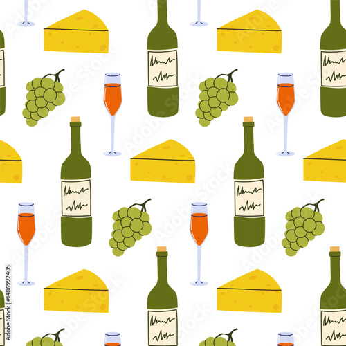 Pattern of cheese, wine, and grapes creating a festive culinary atmosphere for gatherings