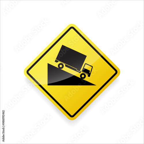 Vector illustration of a steep downhill traffic sign. Yellow diamond-shaped sign warning drivers of a steep descent ahead, typically found on hilly or mountainous roads.
