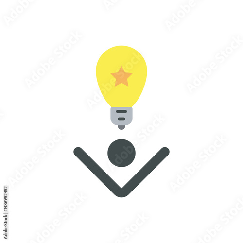 Light bulb with checkmark and rays. Light bulb icon with check mark and bright rays. Represents verified ideas, effective solutions, and approved innovation.