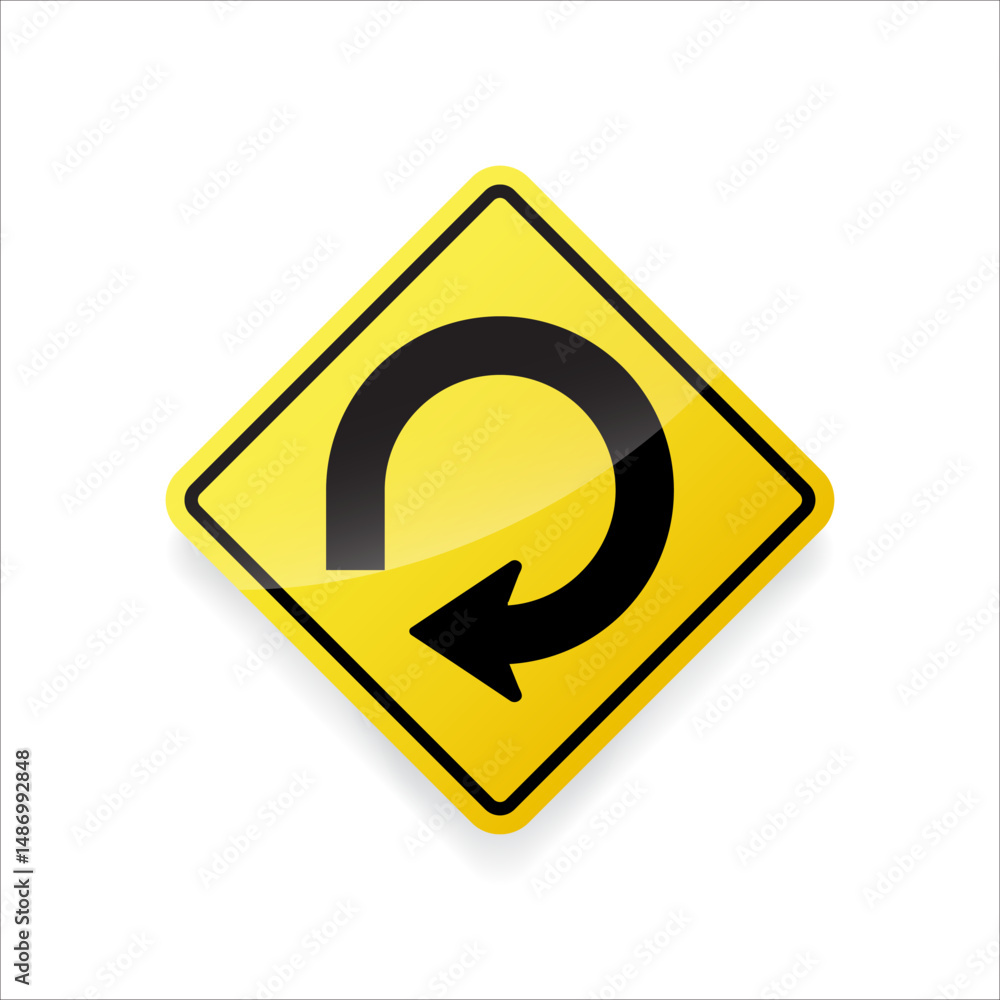 Vector illustration of a 270-degree curve traffic sign. Yellow diamond-shaped warning sign indicating a very sharp curve ahead forming a spiral or loop. Vector illustration of a 270-degree curve traffic sign. Yellow diamond-shaped warning sign indicating a very sharp curve ahead forming a spiral or loop.