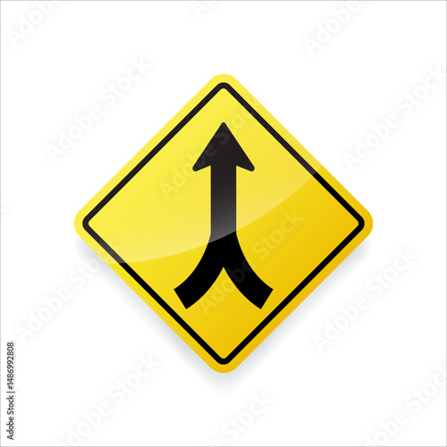 Trails merge warning sign vector. Flat design on yellow diamond traffic board for outdoor path safety.